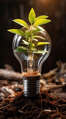 Wall Mural - bright light bulb with home green leaves and plants. for the concept of renewable clean energy
