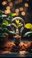 Wall Mural - bright light bulb with home green leaves and plants. for the concept of renewable clean energy