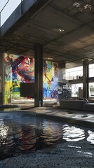 Wall Mural - Modern Interior Design with Concrete Walls and Graffiti Art