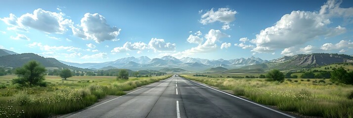 Sticker - A serene highway stretches through lush green fields and mountains under a clear blue sky with fluffy clouds.