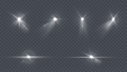 Poster - Vector Light Effects. Set of white light lens flare effects on transparent background. Transparent vector glare effect for web design and illustrations.