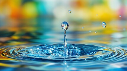 A close-up of a water droplet creating ripples in a serene pool.