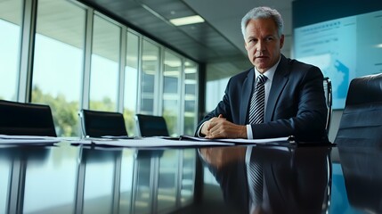 Wall Mural - Businessman Sitting at Conference Table Looking at Camera