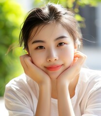 Wall Mural - Young Asian Woman Smiling at Camera Outdoor