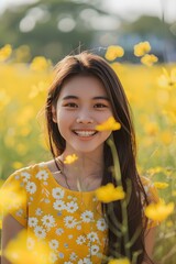 Wall Mural - Smiling Asian Woman in a Yellow Dress in a Field of Flowers