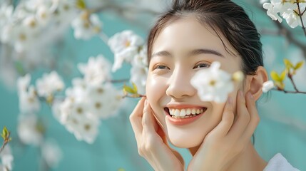 Wall Mural - Smiling Woman Posing with Flowers