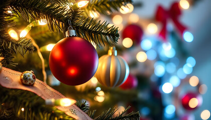 A close-up view of a Christmas tree with ornaments and lights, with a blurred background of holiday lights and decorations