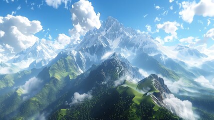 Sticker - A breathtaking view of majestic snow-capped mountains under a clear blue sky with fluffy clouds.