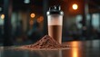 © abu - A shaker bottle filled with a chocolate vegan protein shake sits beside a scoop of powder on a glossy table, with a blurry gym background and dim light.
