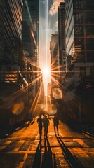 Poster - Silhouettes of People Walking in a City Street with the Sun Shining Brightly