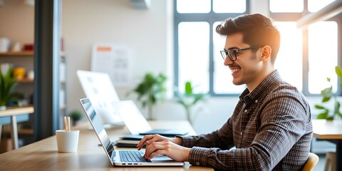 Canvas Print - Smiling Man Working on Laptop in Office