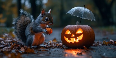 Squirrel and a Halloween pumpkin with a candle in it.