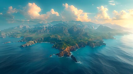 Sticker - Aerial view of a lush, mountainous island surrounded by vibrant blue waters and dramatic cloud formations.