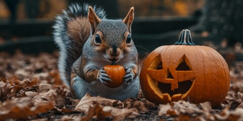 Squirrel and a Halloween pumpkin in autumn park.