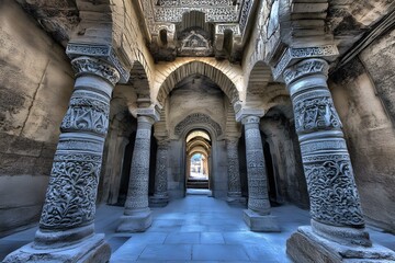 Canvas Print - Ornate Stone Columns in an Ancient Hallway