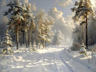 Glistening Snow-Covered Pine Trees in Serene Winter Forest Landscape