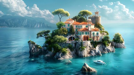 Poster - A picturesque island mansion surrounded by clear blue waters and lush greenery.