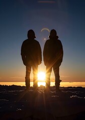 Poster - Two Silhouettes Standing at Sunset on a Snowy Mountain