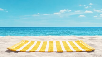 Canvas Print - Yellow and white striped beach towel on a sandy beach with a blue ocean and sky in the background.