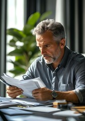 Wall Mural - Caucasian Man Sitting at Desk Reviewing Documents