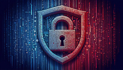 Padlock shield with binary code in blue-red tones concept of cyber security