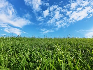 Tranquil green meadow under clear blue sky with beautiful clouds