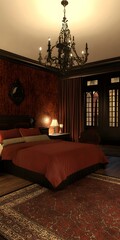 Wall Mural - Luxury Bedroom Interior Design with Chandelier and Red Curtains