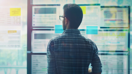 Wall Mural - A man looks at a digital newspaper screen. Copy space. Office work concept.