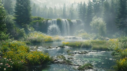 Wall Mural - A serene landscape featuring a waterfall surrounded by lush greenery and vibrant flowers.