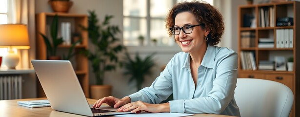 Wall Mural - Smiling Woman Working on Laptop in Home Office