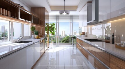 A stylish kitchen design showcases polished surfaces and contemporary fixtures, illuminated by sunlight streaming through expansive windows, revealing a vibrant cityscape outside