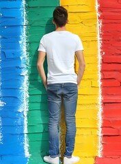 Wall Mural - Man in White T Shirt Standing in Front of Colorful Wall