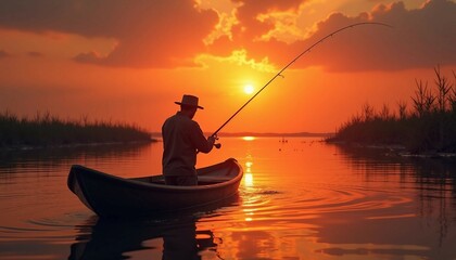 Poster - Man fishing in a wooden boat on a calm lake at sunset, with mirror-like reflections.






