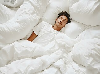 Wall Mural - Man Sleeping in White Bed with Many Pillows