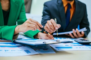 A group of professional business men and women are having a constructive meeting, discussing strategies, exchanging ideas and making decisions in a modern organization. They are wearing formal suits.
