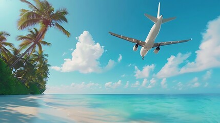 An airplane flying over a tropical beach with palm trees and clear blue water under a bright sky.