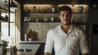 © sarana - Man in White Button-Up Shirt: A man in a white button-up shirt, with rolled-up sleeves, standing confidently in a modern kitchen. --ar 16:9