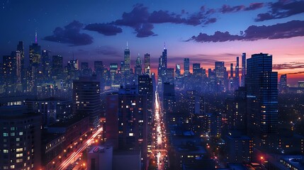 Poster - A vibrant city skyline at dusk, showcasing lights and buildings against a colorful sky.