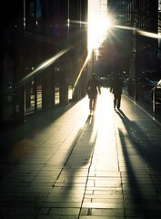 Poster - Two Businessmen Walking Towards The Sunlight In The City