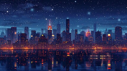 Canvas Print - A vibrant city skyline at night, illuminated by lights and stars reflecting on water.