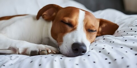 Wall Mural - Sleeping Dog on a White Bed with Black Polka Dots