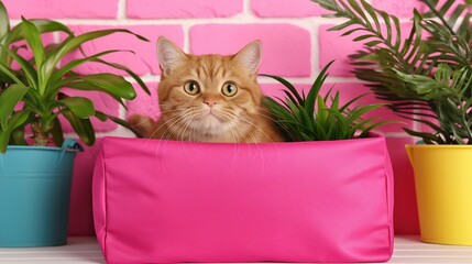 Wall Mural - A cat is sitting in a bright pink basket next to plants in a pots.