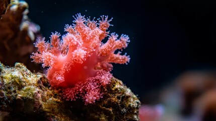 Poster -  A tight shot of a red-and-white sea anemone adhered to a rock, surrounded by various corals in the background