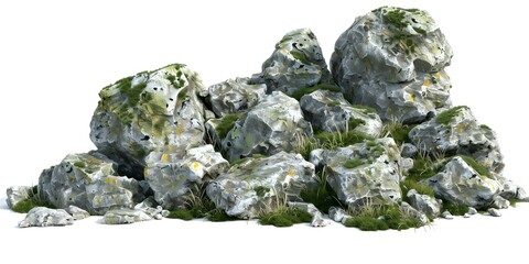 Canvas Print - Grey Rocks With Green Moss and Grass Isolated On White Background