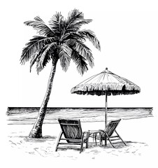 Wall Mural - A beach scene with two chairs under an umbrella and palm trees, a detailed black and white vector drawing