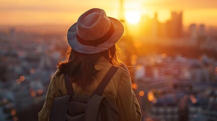 Wall Mural - A silhouette of a person with a hat watching a sunset over a cityscape.