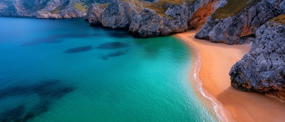 Poster -  A bird's-eye perspective of a sandy beach bordering a blue expanses of water, flanked by cliffs on both sides