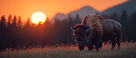 Canvas Print -  A bison stands in a field with the sun setting behind it, trees in the foreground