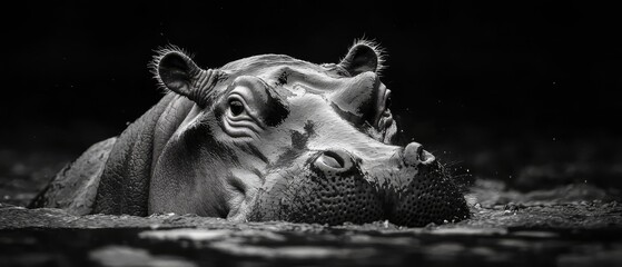 Wall Mural -  A tight shot of a hippo's head emerging from the water's surface