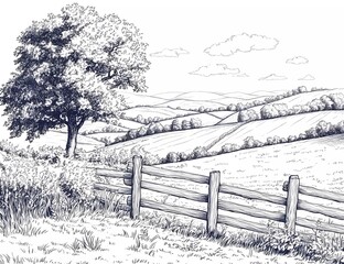 Wall Mural - A hand-drawn vector illustration of an English countryside with rolling hills, meadows, and a tree